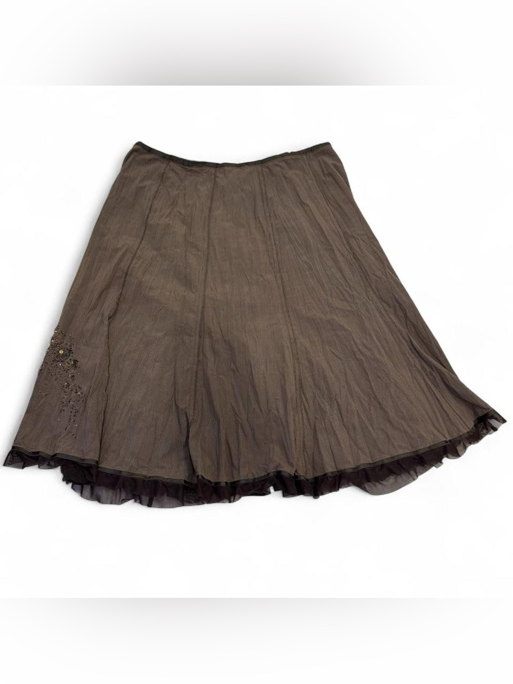 Lana Lee Brown Pinstripe Beaded Midi Skirt Mesh Ruffle Hem Y2K Plus Size 18